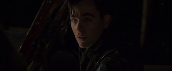 Movie still from “The Finest Hours” (2016), directed by Craig Gillespie – A man in a leather jacket looking at the camera; Close Up shot, Low angle