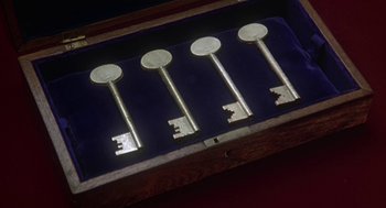 Movie still from “The Great Train Robbery” (1978), directed by Michael Crichton – A row of keys sitting on top of a wooden box; Extreme Close Up shot, High angle