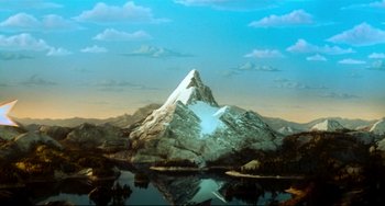 A painting of a mountain with a body of water in the background