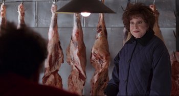 Movie still from “The First Wives Club” (1996), directed by Hugh Wilson – A young boy standing in front of a bunch of meat hanging up; Medium shot, Over the shoulder angle