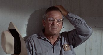 Movie still from “The Flight of the Phoenix” (1965), directed by Robert Aldrich – An older man wearing glasses and a gray shirt; Close Up shot, Over the shoulder angle