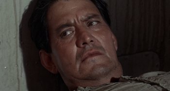 Movie still from “The Flight of the Phoenix” (1965), directed by Robert Aldrich – A man's face with a sad look; Close Up shot, Low angle