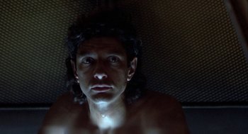 Movie still from “The Fly” (1986), directed by David Cronenberg – A man with long dark hair is looking at the camera; Close Up shot, Overhead angle
