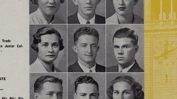 Movie still from “The Fog of War” (2003), directed by Errol Morris – A bunch of old photos of a man and woman; Extreme Close Up shot, Overhead angle