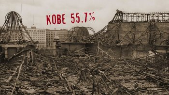 Movie still from “The Fog of War” (2003), directed by Errol Morris – A large pile of rubble in the middle of a city; Extreme Wide shot, High angle