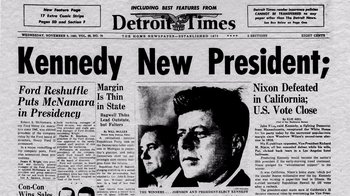 Movie still from “The Fog of War” (2003), directed by Errol Morris – The front page of the detroit times on december 1 1 , 1 9 6 3 , with a picture of john f; Extreme Close Up shot, Low angle