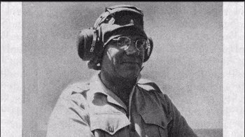 Movie still from “The Fog of War” (2003), directed by Errol Morris – An old photo of an older man wearing a helmet; Close Up shot, High angle