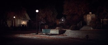 Movie still from “The Fortune” (1975), directed by Mike Nichols – An empty park bench sitting on the side of the road; Extreme Wide shot, High angle