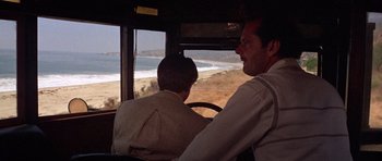 Movie still from “The Fortune” (1975), directed by Mike Nichols – Two men sitting in a vehicle looking out a window; Wide shot, Over the shoulder angle