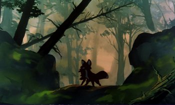 Movie still from “The Fox and the Hound” (1981), directed by Richard Rich – A painting of an animal in the woods; Wide shot, High angle