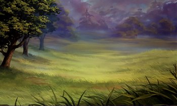 Movie still from “The Fox and the Hound” (1981), directed by Richard Rich – An oil painting of a tree in the middle of a grassy field; Extreme Wide shot, Low angle