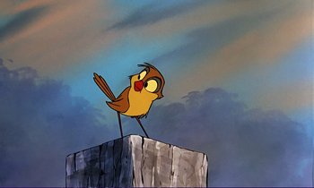 Movie still from “The Fox and the Hound” (1981), directed by Richard Rich – A cartoon of a bird perched on top of a wooden post; Medium shot, Low angle