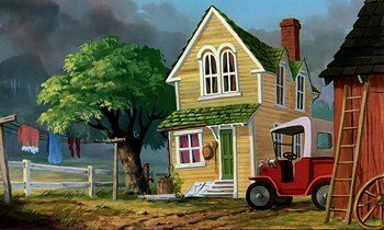 Movie still from “The Fox and the Hound” (1981), directed by Richard Rich – A painting of a house with a tree in front of it; Extreme Wide shot, Low angle