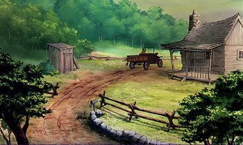 Movie still from “The Fox and the Hound” (1981), directed by Richard Rich – An old fashioned car driving down a dirt road; Extreme Wide shot, High angle