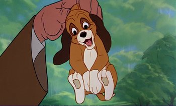 Movie still from “The Fox and the Hound” (1981), directed by Richard Rich – A cartoon of a dog being held up by a hand; Close Up shot, Low angle