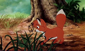Movie still from “The Fox and the Hound” (1981), directed by Richard Rich – An animated fox with a butterfly on its back; Medium shot, Low angle
