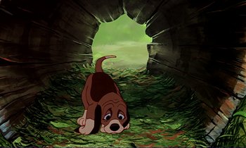 Movie still from “The Fox and the Hound” (1981), directed by Richard Rich – A dog that is standing in the grass; Wide shot, High angle