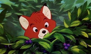 Movie still from “The Fox and the Hound” (1981), directed by Richard Rich – A painting of an animal in the bushes; Close Up shot, High angle