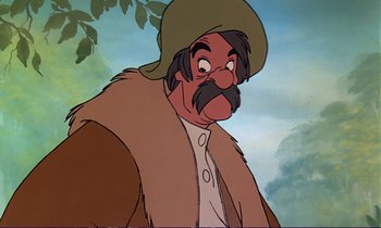 Movie still from “The Fox and the Hound” (1981), directed by Richard Rich – An old man with a mustache and a hat; Close Up shot, Over the shoulder angle