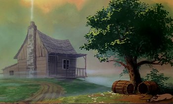 Movie still from “The Fox and the Hound” (1981), directed by Richard Rich – A painting of an old house and a tree; Extreme Wide shot, Low angle