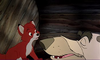 Movie still from “The Fox and the Hound” (1981), directed by Richard Rich – A dog and a fox are sitting next to each other; Medium shot, Over the shoulder angle