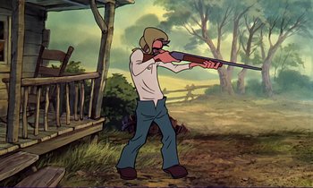 Movie still from “The Fox and the Hound” (1981), directed by Richard Rich – A man is holding a rifle in his hands; Wide shot, Low angle