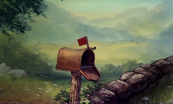 Movie still from “The Fox and the Hound” (1981), directed by Richard Rich – An illustration of an open mailbox with a red flag on it; Wide shot, Low angle