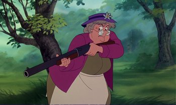 Movie still from “The Fox and the Hound” (1981), directed by Richard Rich – An old woman is holding a rifle in her hand; Close Up shot, Over the shoulder angle