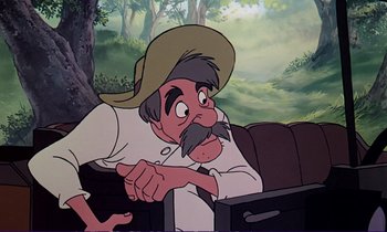 Movie still from “The Fox and the Hound” (1981), directed by Richard Rich – An animated picture of a man with a hat on; Medium shot, Over the shoulder angle