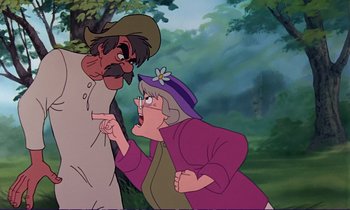 Movie still from “The Fox and the Hound” (1981), directed by Richard Rich – An old woman and a man in the woods; Medium shot, Over the shoulder angle