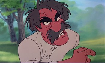 Movie still from “The Fox and the Hound” (1981), directed by Richard Rich – An old man with a beard and a red nose; Close Up shot, Over the shoulder angle