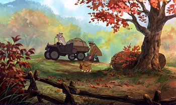 Movie still from “The Fox and the Hound” (1981), directed by Richard Rich – A painting of two cats sitting on top of a jeep; Wide shot, Low angle