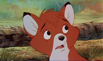 Movie still from “The Fox and the Hound” (1981), directed by Richard Rich – A fox's face from the disney movie the fox and the hound; Close Up shot, Over the shoulder angle