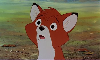 Movie still from “The Fox and the Hound” (1981), directed by Richard Rich – A fox's face in a scene from the fox and the hound movie; Close Up shot, High angle