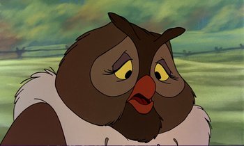 An animated owl with yellow eyes and red beak