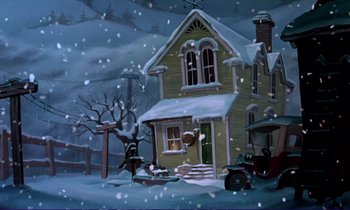 Movie still from “The Fox and the Hound” (1981), directed by Richard Rich – A painting of a house in the middle of a snowy day; Extreme Wide shot, Low angle