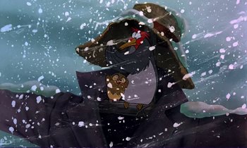 An animated penguin holding an umbrella over a baby penguin