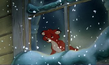 Movie still from “The Fox and the Hound” (1981), directed by Richard Rich – A fox is looking out of a window in the snow; Medium shot, High angle