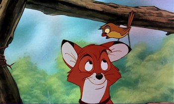 Movie still from “The Fox and the Hound” (1981), directed by Richard Rich – An animated fox and a bird look at each other; Close Up shot, Over the shoulder angle