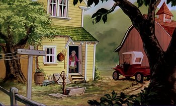 Movie still from “The Fox and the Hound” (1981), directed by Richard Rich – An animated scene of a house with a woman in the doorway; Wide shot, High angle