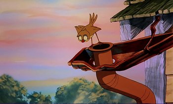 Movie still from “The Fox and the Hound” (1981), directed by Richard Rich – A cartoon picture of a cat sitting on top of a pipe; Wide shot, Low angle