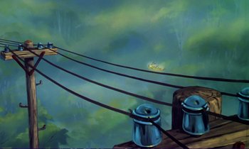 Movie still from “The Fox and the Hound” (1981), directed by Richard Rich – A painting of a train on the tracks; Extreme Wide shot, High angle