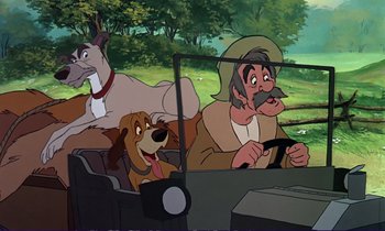Movie still from “The Fox and the Hound” (1981), directed by Richard Rich – A group of cartoon characters sitting in the back of a car; Medium shot, Low angle