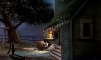 Movie still from “The Fox and the Hound” (1981), directed by Richard Rich – An oil painting of a house with a cat sitting on the front porch of the house; Extreme Wide shot, High angle