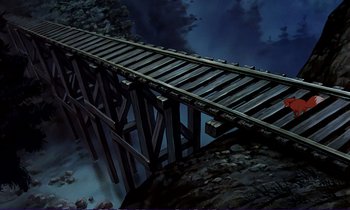 Movie still from “The Fox and the Hound” (1981), directed by Richard Rich – An overhead view of an old wooden bridge over a river at night; Extreme Wide shot, High angle