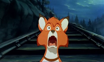 Movie still from “The Fox and the Hound” (1981), directed by Richard Rich – An animated picture of an animal with a surprised look; Close Up shot, Low angle