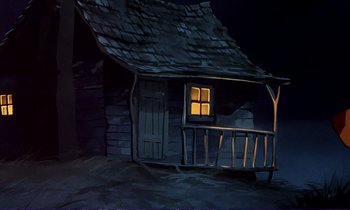 Movie still from “The Fox and the Hound” (1981), directed by Richard Rich – A painting of an old house with a window lit by the moon; Extreme Wide shot, Low angle