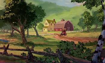 Movie still from “The Fox and the Hound” (1981), directed by Richard Rich – A painting of an old farm house and a tractor; Extreme Wide shot, Low angle