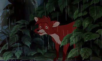 Movie still from “The Fox and the Hound” (1981), directed by Richard Rich – A painting of an animal in the rain; Medium shot, Over the shoulder angle
