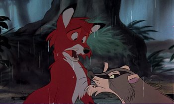 Movie still from “The Fox and the Hound” (1981), directed by Richard Rich – A fox and a racoon are in the rain; Close Up shot, Over the shoulder angle